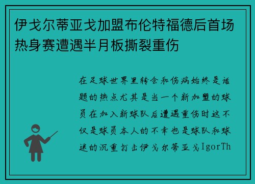 伊戈尔蒂亚戈加盟布伦特福德后首场热身赛遭遇半月板撕裂重伤